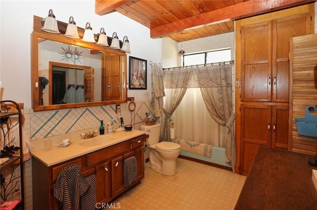 full bathroom featuring vanity, decorative backsplash, toilet, wooden ceiling, and beam ceiling