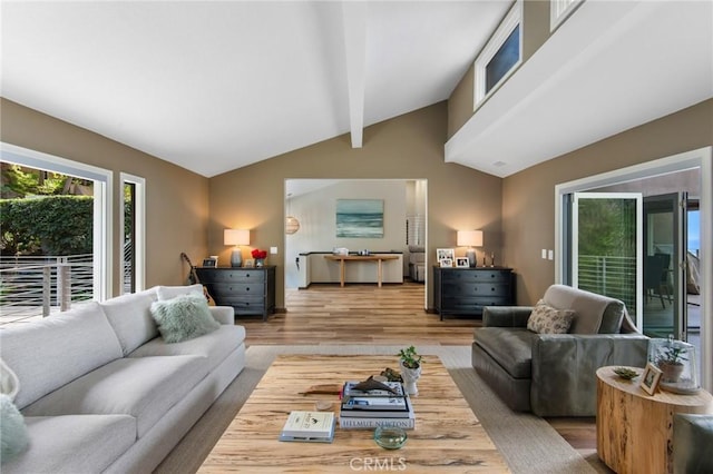 living room featuring wood-type flooring and lofted ceiling with beams