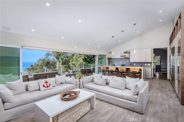 living room with high vaulted ceiling and light wood-type flooring