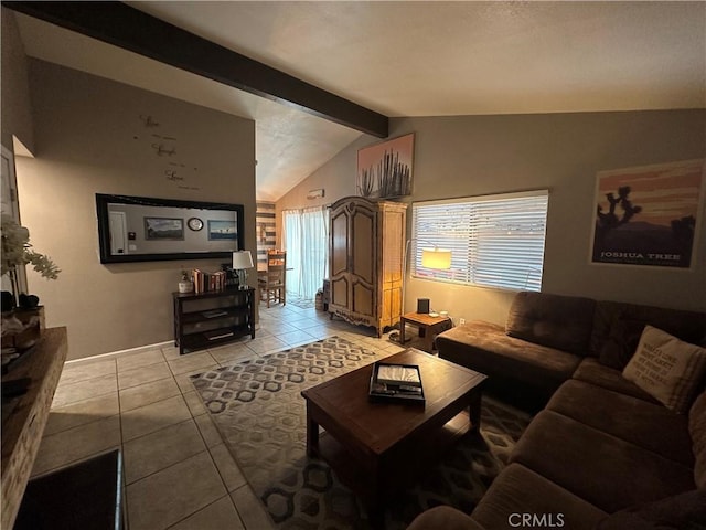 tiled living room with lofted ceiling with beams