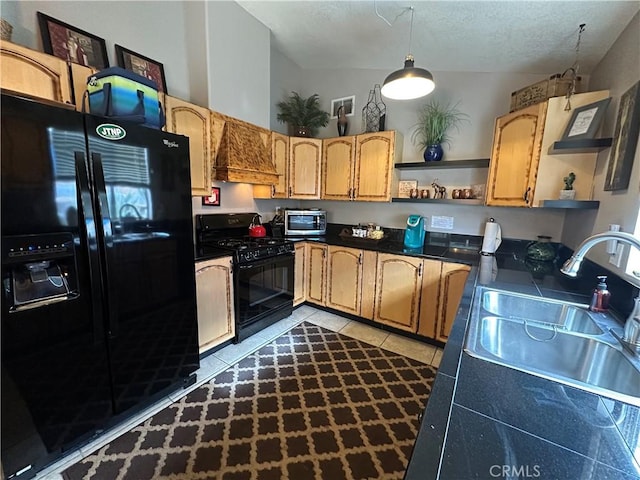 kitchen featuring black appliances, custom exhaust hood, sink, vaulted ceiling, and light tile patterned floors