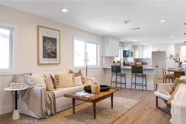 living room with a healthy amount of sunlight and light hardwood / wood-style floors