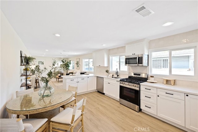 kitchen featuring light hardwood / wood-style floors, white cabinets, appliances with stainless steel finishes, and kitchen peninsula