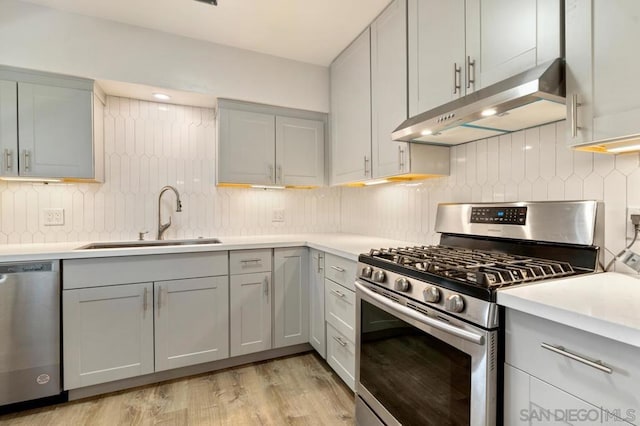 kitchen featuring stainless steel appliances, gray cabinets, sink, and decorative backsplash