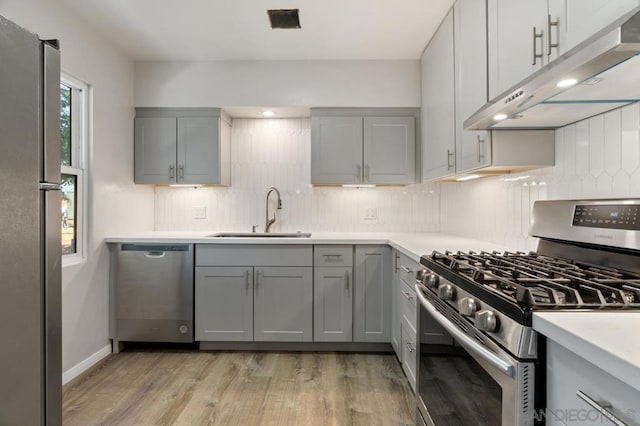 kitchen featuring stainless steel appliances, sink, and gray cabinetry