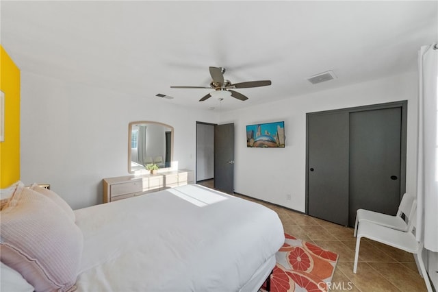 tiled bedroom featuring ceiling fan and a closet