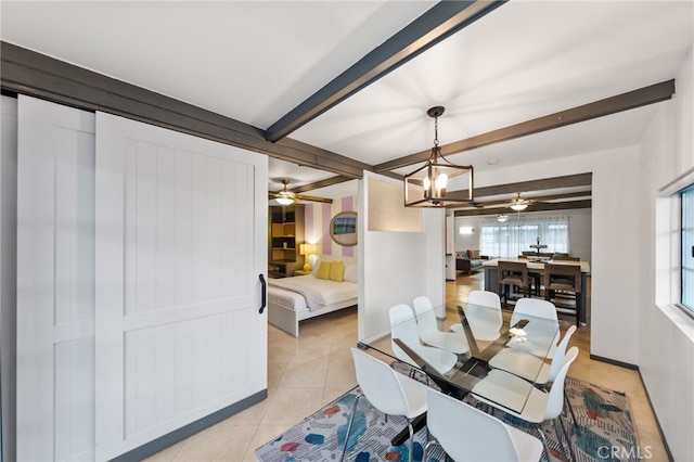 tiled dining area with beamed ceiling and ceiling fan with notable chandelier