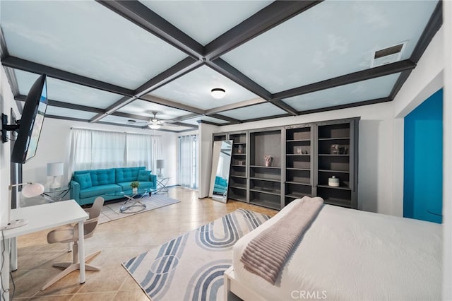 bedroom with beamed ceiling and coffered ceiling