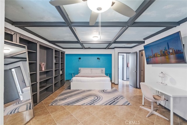 tiled bedroom featuring beam ceiling and coffered ceiling