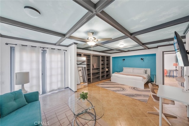 bedroom featuring ceiling fan, beamed ceiling, and coffered ceiling