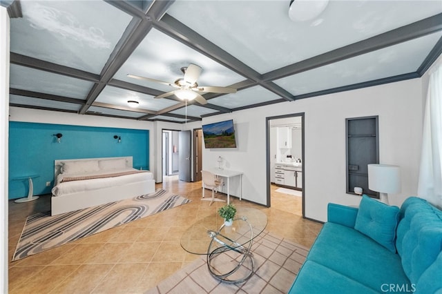 tiled bedroom featuring ceiling fan, beam ceiling, and coffered ceiling