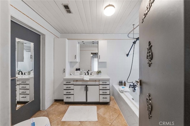 full bathroom with toilet, wooden ceiling, tiled shower / bath, tile patterned flooring, and vanity