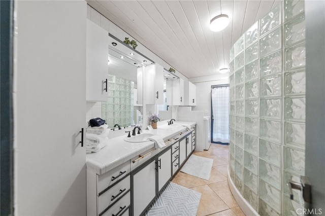 bathroom featuring vanity, tile walls, tile patterned flooring, a shower, and wooden ceiling