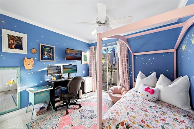 bedroom featuring ceiling fan, crown molding, and access to outside