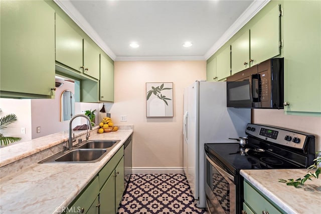 kitchen with sink, appliances with stainless steel finishes, crown molding, and green cabinets