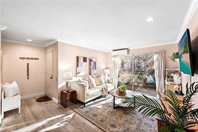 living room with a wall unit AC, crown molding, and hardwood / wood-style flooring