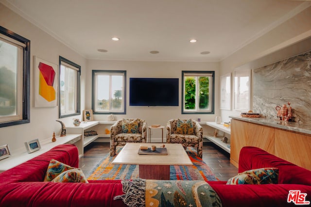 living room featuring dark hardwood / wood-style floors, ornamental molding, and a healthy amount of sunlight