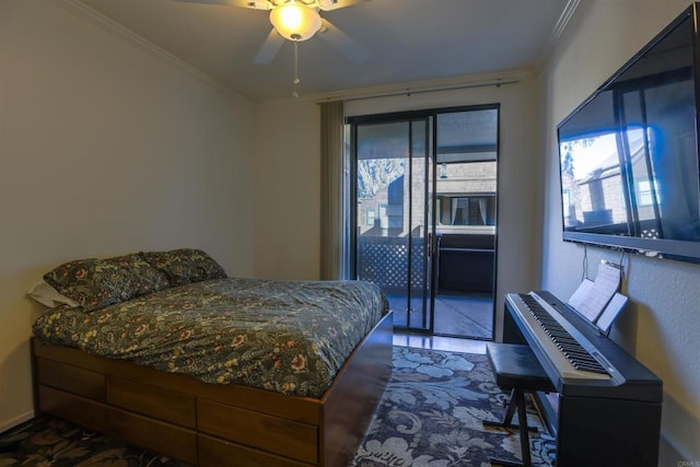 bedroom featuring ceiling fan, dark hardwood / wood-style floors, and ornamental molding