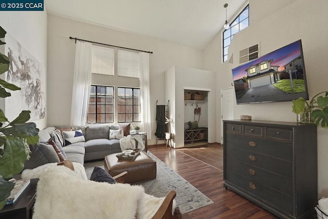 living room featuring high vaulted ceiling, a wealth of natural light, and dark hardwood / wood-style flooring