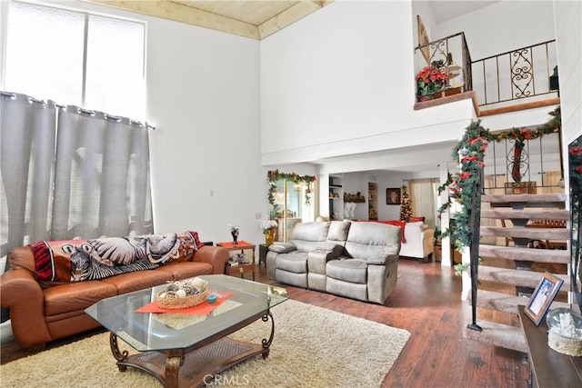 living room with a towering ceiling and dark hardwood / wood-style floors