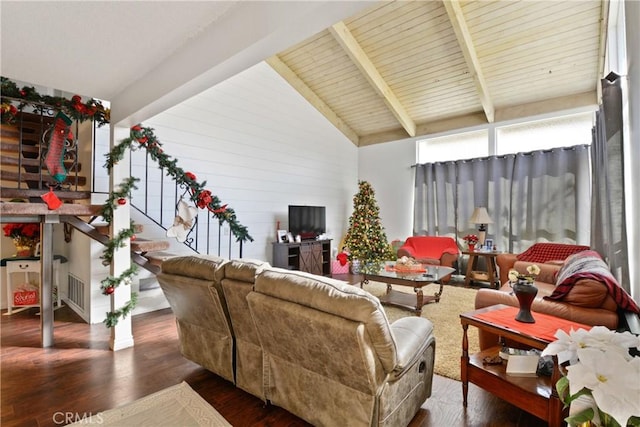 living room featuring wood ceiling, dark hardwood / wood-style floors, and lofted ceiling with beams