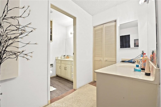 bathroom with toilet, vanity, a textured ceiling, and hardwood / wood-style flooring