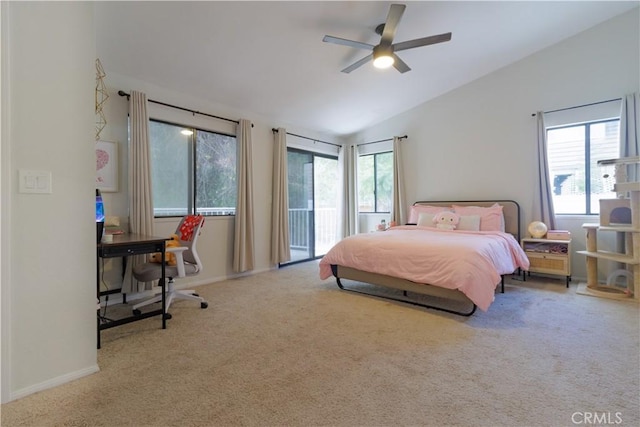 carpeted bedroom with ceiling fan, lofted ceiling, and access to outside