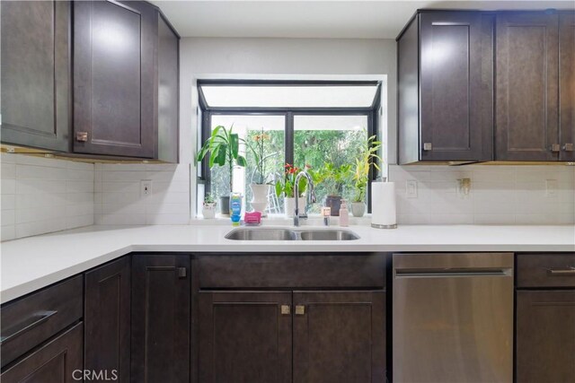 kitchen featuring decorative backsplash, dark brown cabinets, and sink