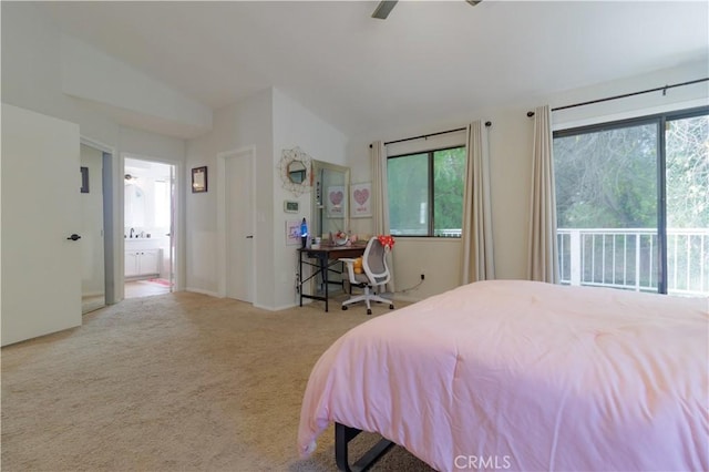 bedroom featuring ceiling fan, light colored carpet, multiple windows, and lofted ceiling