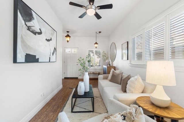 living room with ceiling fan and hardwood / wood-style flooring