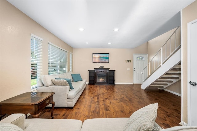 living room featuring dark hardwood / wood-style flooring and a fireplace