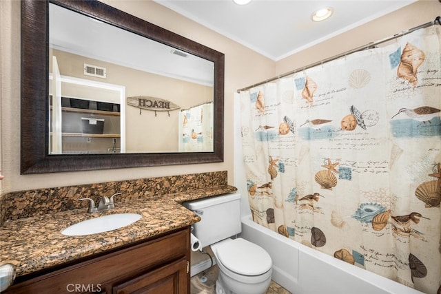 full bathroom with toilet, vanity, crown molding, and shower / bath combination with curtain