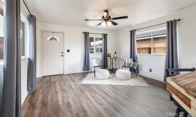 living area with ceiling fan and hardwood / wood-style floors