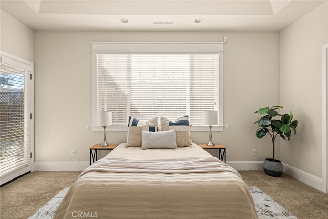 bedroom with light carpet, a raised ceiling, and access to outside