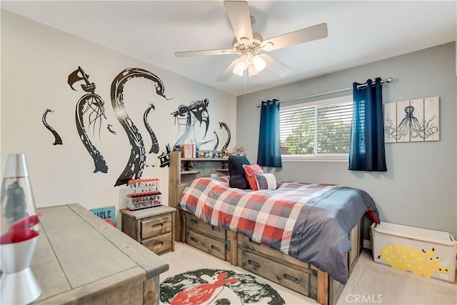 carpeted bedroom featuring ceiling fan