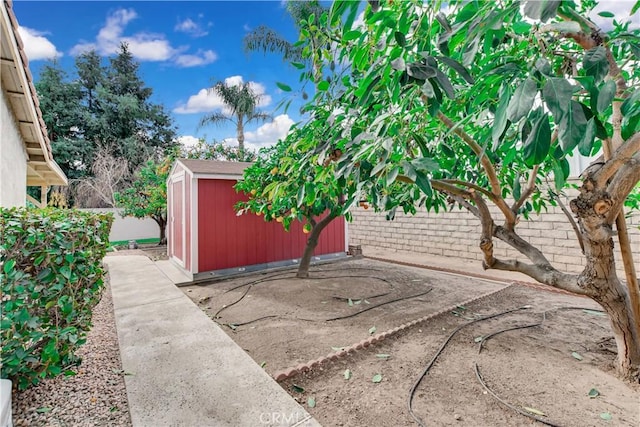 view of patio / terrace featuring a storage unit