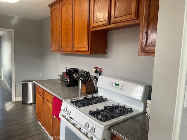 kitchen featuring dark wood-type flooring and white gas range oven