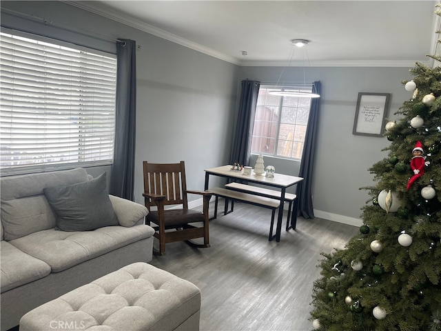 living room with crown molding and wood-type flooring