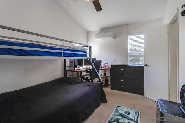 bedroom with ceiling fan, lofted ceiling, light carpet, and a wall mounted AC