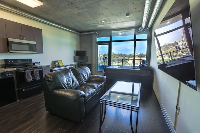 living room with dark hardwood / wood-style floors