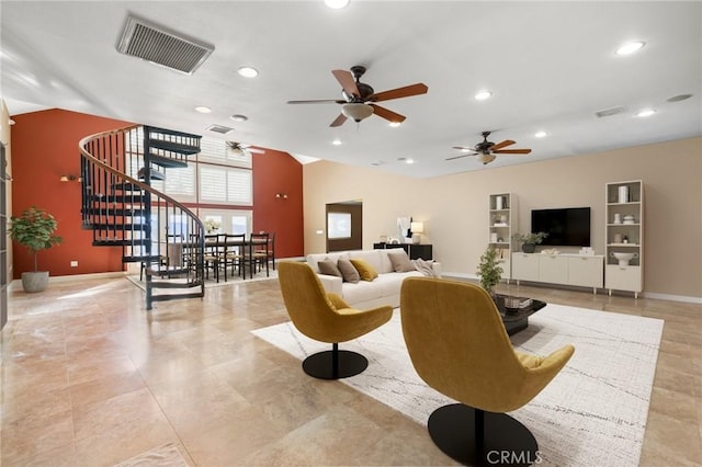 living room featuring visible vents, baseboards, ceiling fan, stairs, and recessed lighting