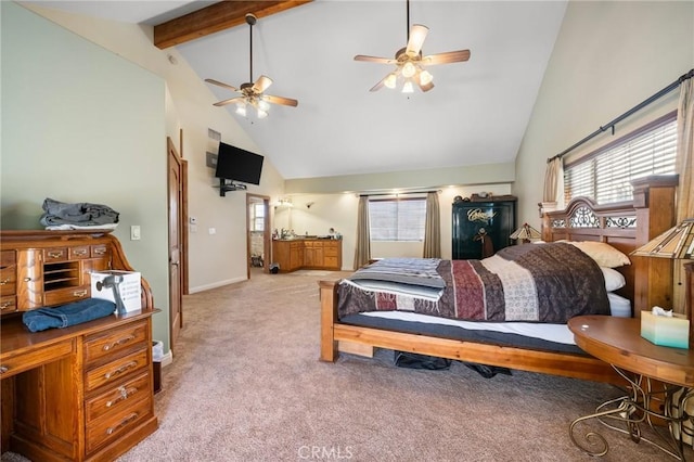 bedroom featuring a ceiling fan, beam ceiling, light colored carpet, and high vaulted ceiling