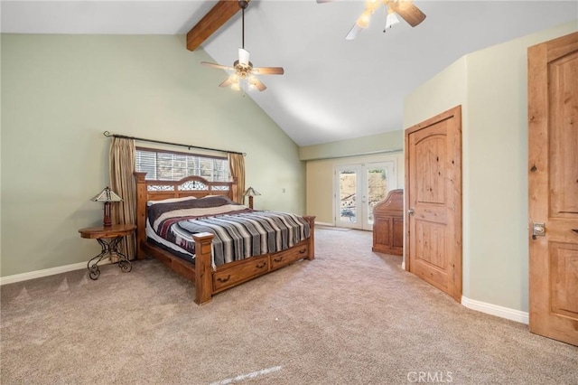 bedroom featuring beam ceiling, high vaulted ceiling, baseboards, and carpet floors