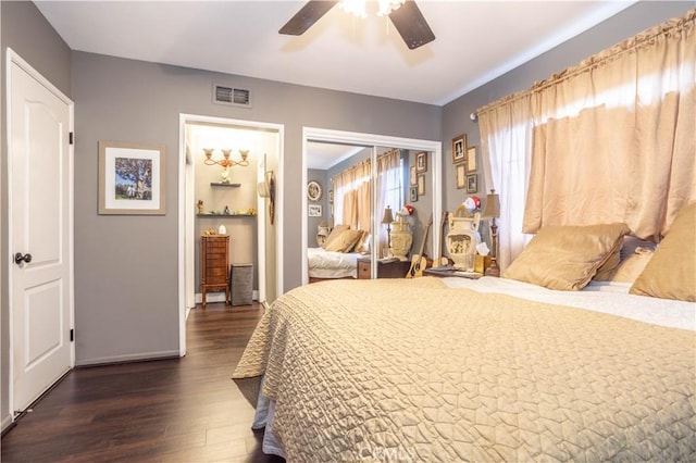 bedroom featuring ceiling fan, dark hardwood / wood-style floors, and a closet