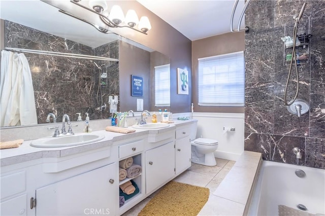 full bathroom featuring toilet, shower / tub combo, tile patterned floors, and vanity