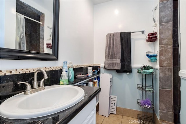 bathroom with vanity, tile patterned flooring, and a shower with shower curtain