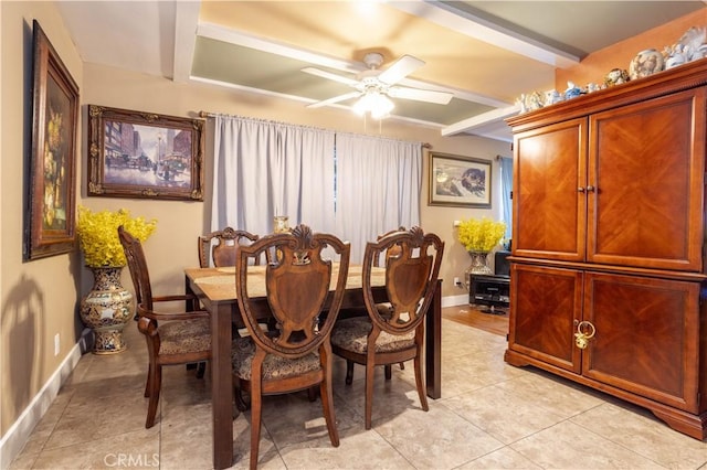 tiled dining room with ceiling fan and beamed ceiling