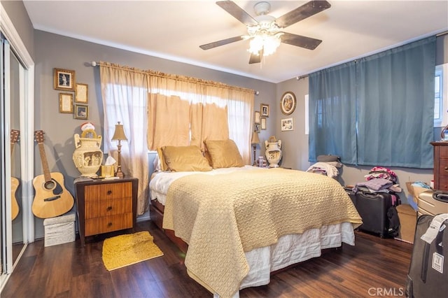 bedroom with ceiling fan, a closet, and dark wood-type flooring