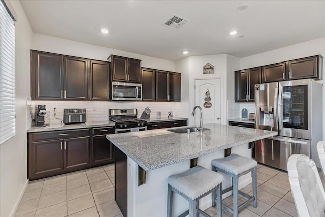 kitchen with a kitchen bar, sink, stainless steel appliances, and a kitchen island with sink