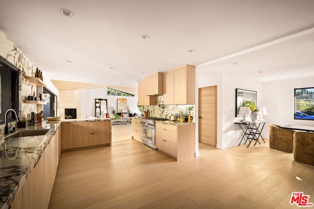 kitchen featuring light brown cabinetry, light stone countertops, sink, and stainless steel stove